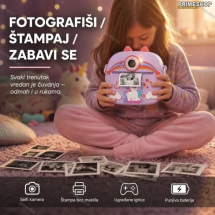 Jednorog Uško – Dečiji Fotoaparat sa Termalnim Štampačem i Selfi Kamerom