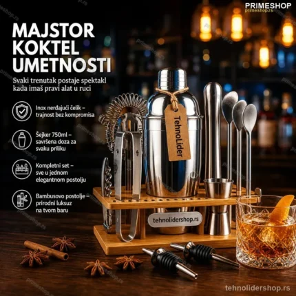 Koktel Set od Inox – Komplet za Pravljenje Koktela sa Bambusovim Postoljem