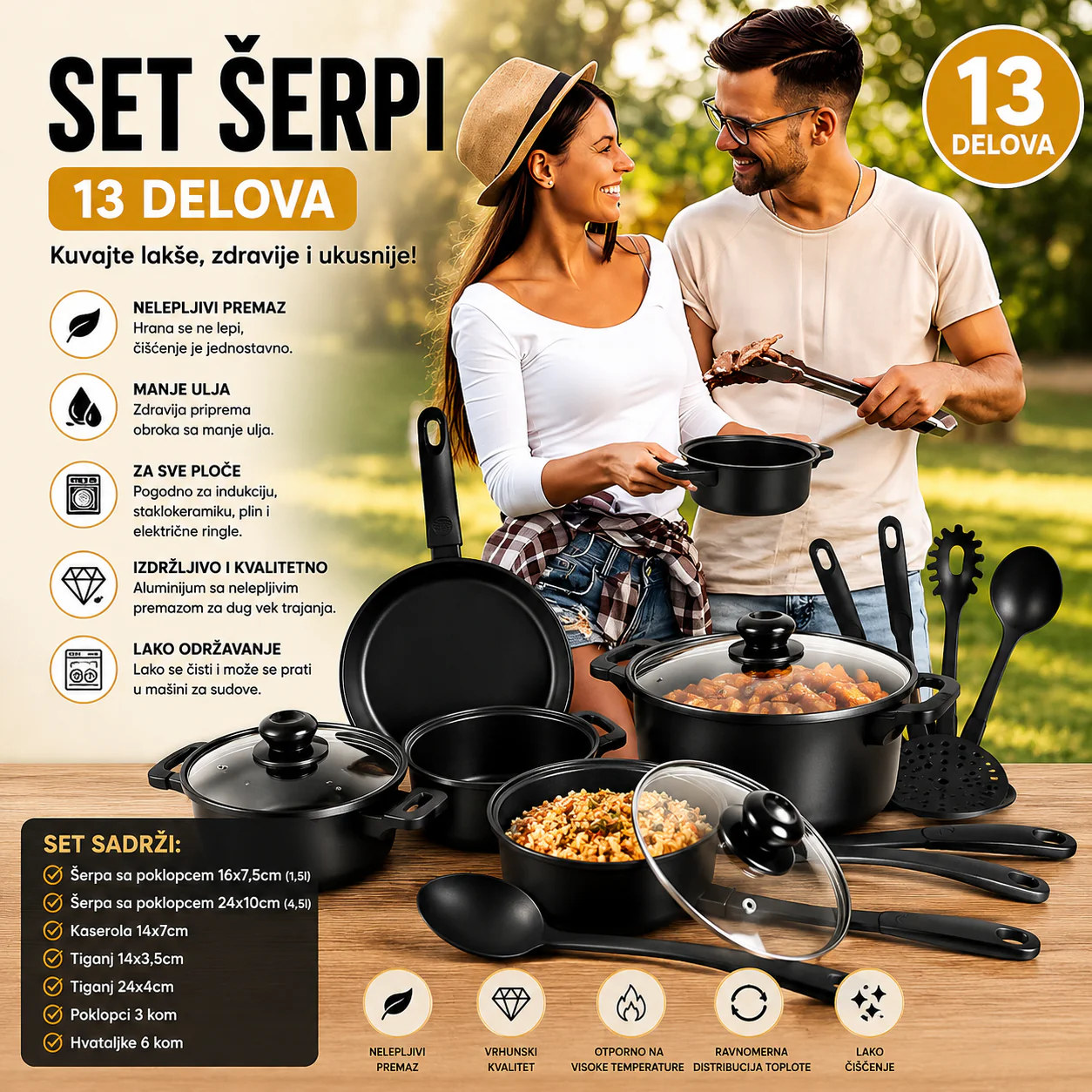 Komplet šerpi sa neprianjajućim premazom — 13 delova