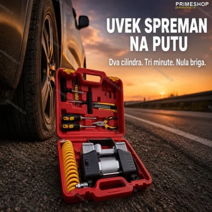 Kompresor za Gume sa Digitalnim Manometrom + Set za Krpljenje – 2 Cilindra, 12V/220V