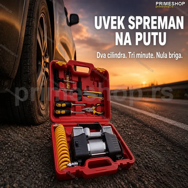 Kompresor za Gume sa Digitalnim Manometrom + Set za Krpljenje – 2 Cilindra, 12V/220V Kompresor za Gume sa Digitalnim Manometrom + Set za Krpljenje – 2 Cilindra, 12V/220V