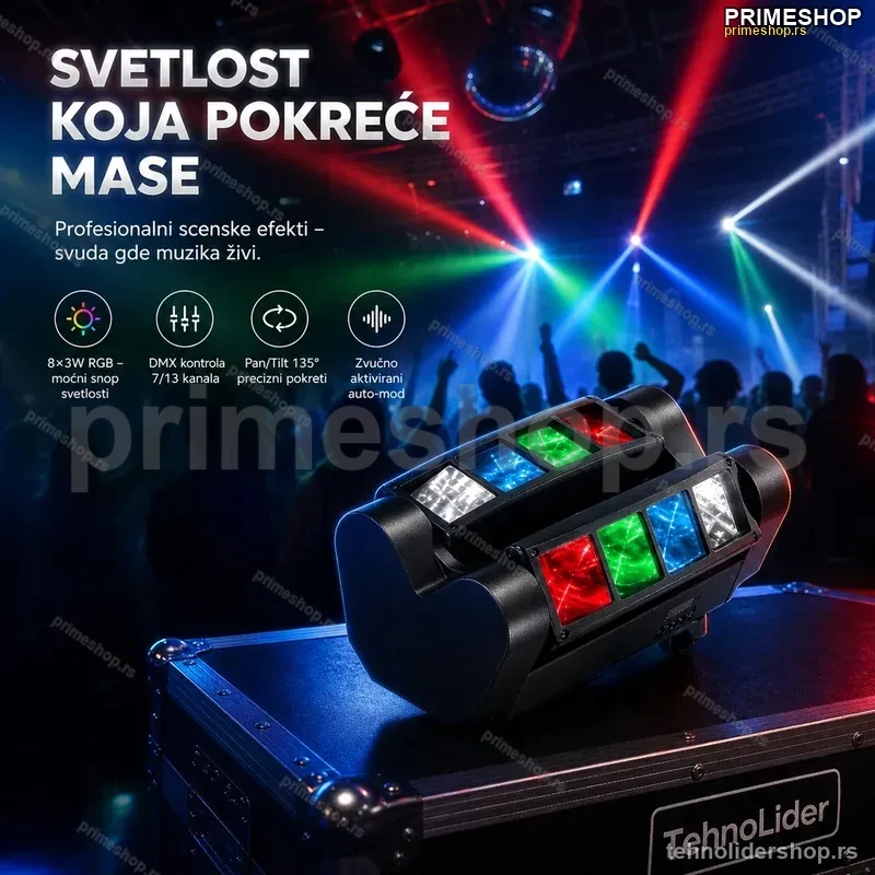 LED Spider Moving Head 8×3W RGB – Scenska Rasveta za Klubove i DJ LED Spider Moving Head 8×3W RGB – Scenska Rasveta za Klubove i DJ