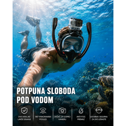 Maska za ronjenje, maska ronilacka sa dve disaljke sa drzacem za GoPro kamerom