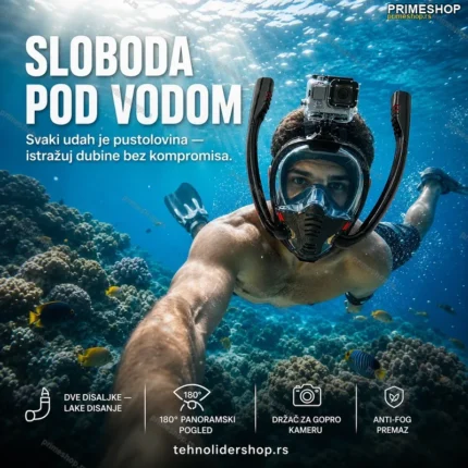 Maska za ronjenje, maska ronilacka sa dve disaljke sa drzacem za GoPro kamerom