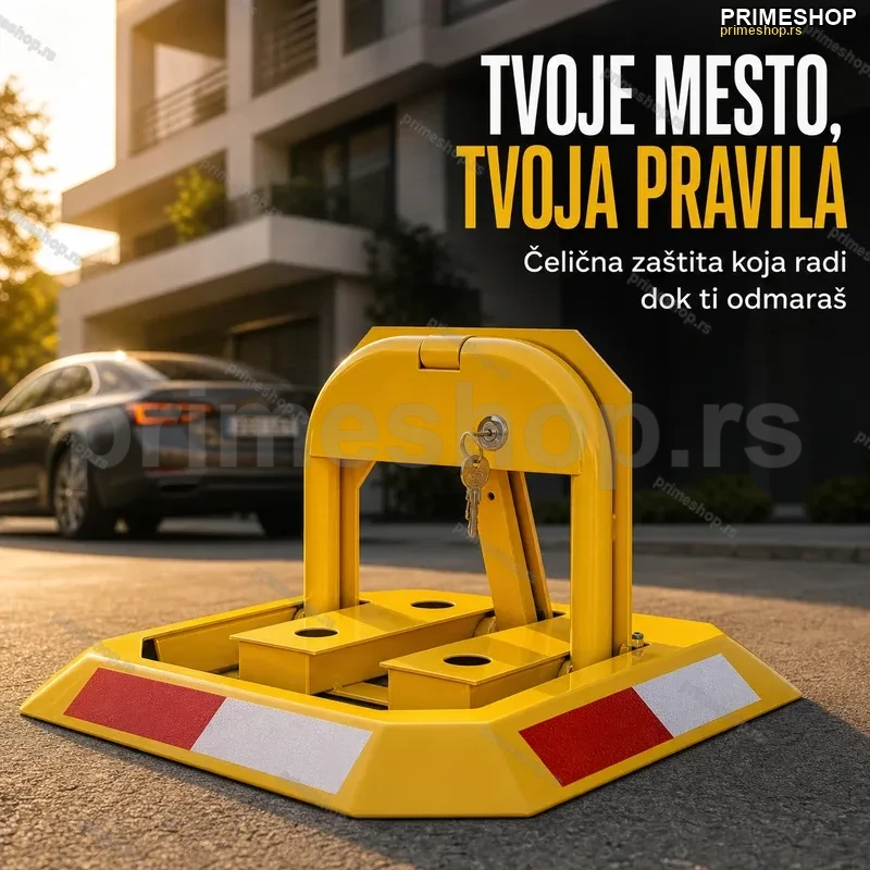 Mehanička parking barijera sa bravom i 3 ključa — čelična zaštita parking mesta Mehanička parking barijera sa bravom i 3 ključa — čelična zaštita parking mesta