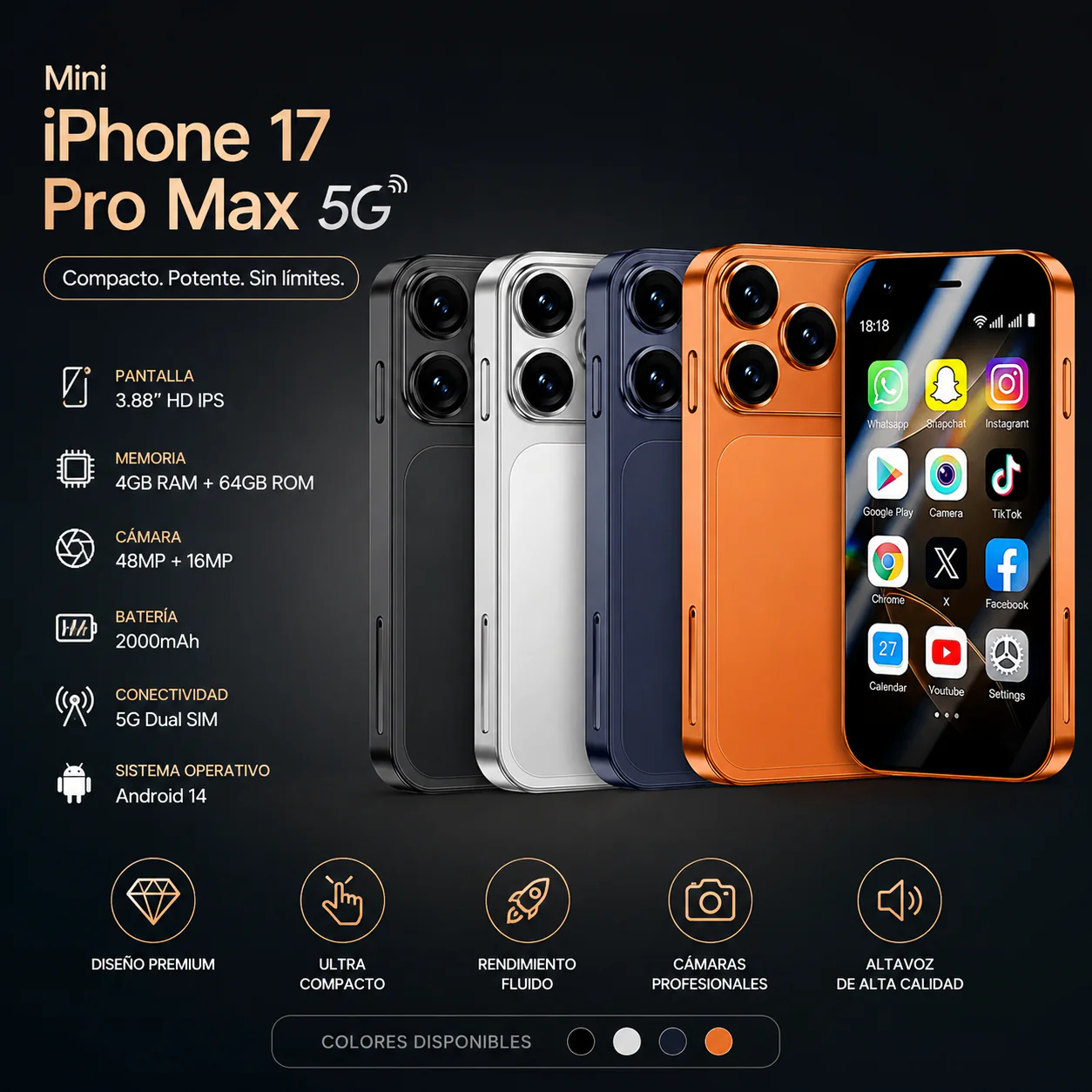 Mini Android telefon 5G 4/64GB sa HD kamerom – kompaktan dizajn mini Android telefon - prednja strana