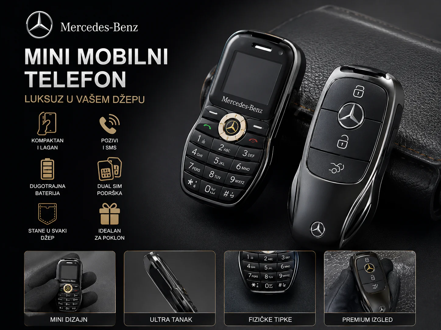 Mini Telefon Mercedes Benz oblika ključa – Dual SIM mini telefon Mercedes - prednja strana