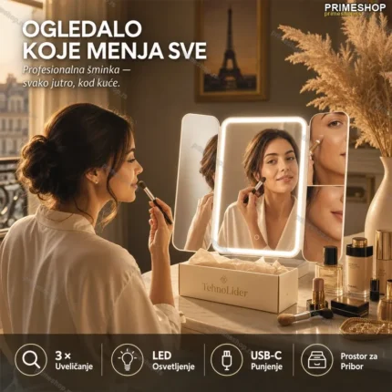 MiraBeauty Ogledalo sa LED Svetlom za Šminkanje — USB-C, 3× Uveličanje