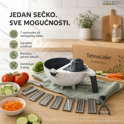 Multifunkcionalni Sečko 9u1 – Set sa 7 Nastavaka i Oceđivačem