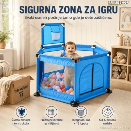 Ogradica za Bebe 2 u 1 sa Košem i 15 Loptica – Sigurna Zona za Igru