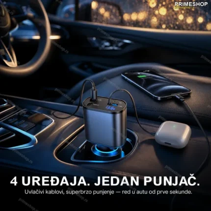 Pametni auto punjač 4u1 sa uvlačivim kablovima — 60W superbrzo punjenje za sve uređaje