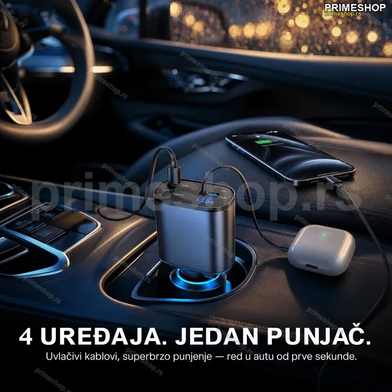 Pametni auto punjač 4u1 sa uvlačivim kablovima — 60W superbrzo punjenje za sve uređaje Pametni auto punjač 4u1 sa uvlačivim kablovima — 60W superbrzo punjenje za sve uređaje
