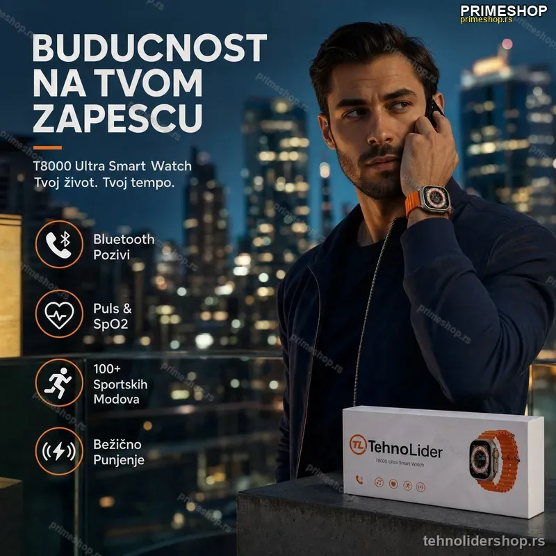 Pametni Sat T8000 Ultra – Bluetooth Pozivi, Praćenje Zdravlja i Bežično Punjenje