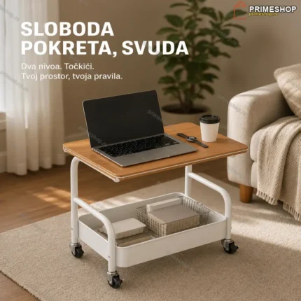 Pomoćni stočić na točkićima — beli metalni ram