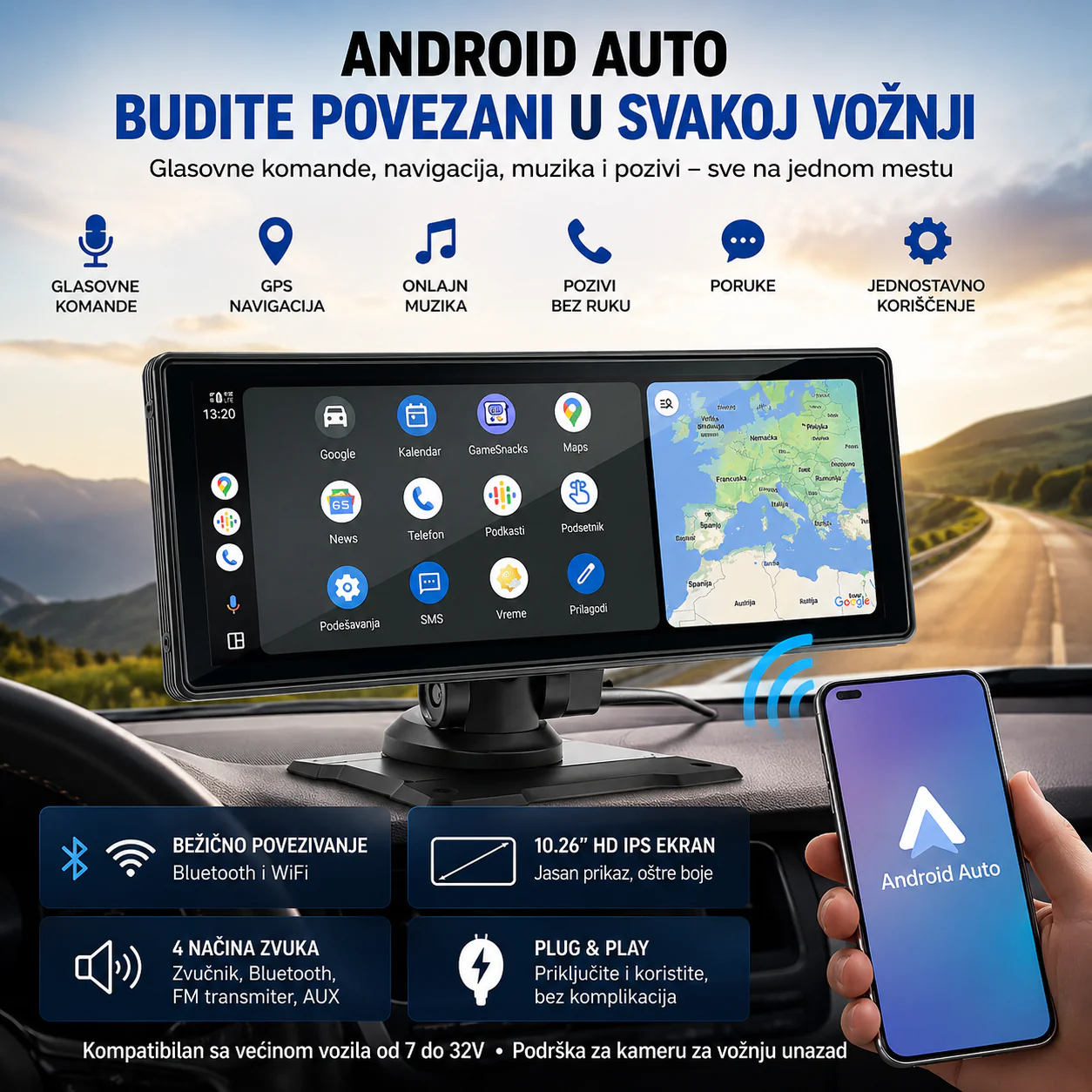 Prenosivi CarPlay ekran 10.26" sa Android Auto podrškom prenosivi CarPlay ekran - u upotrebi