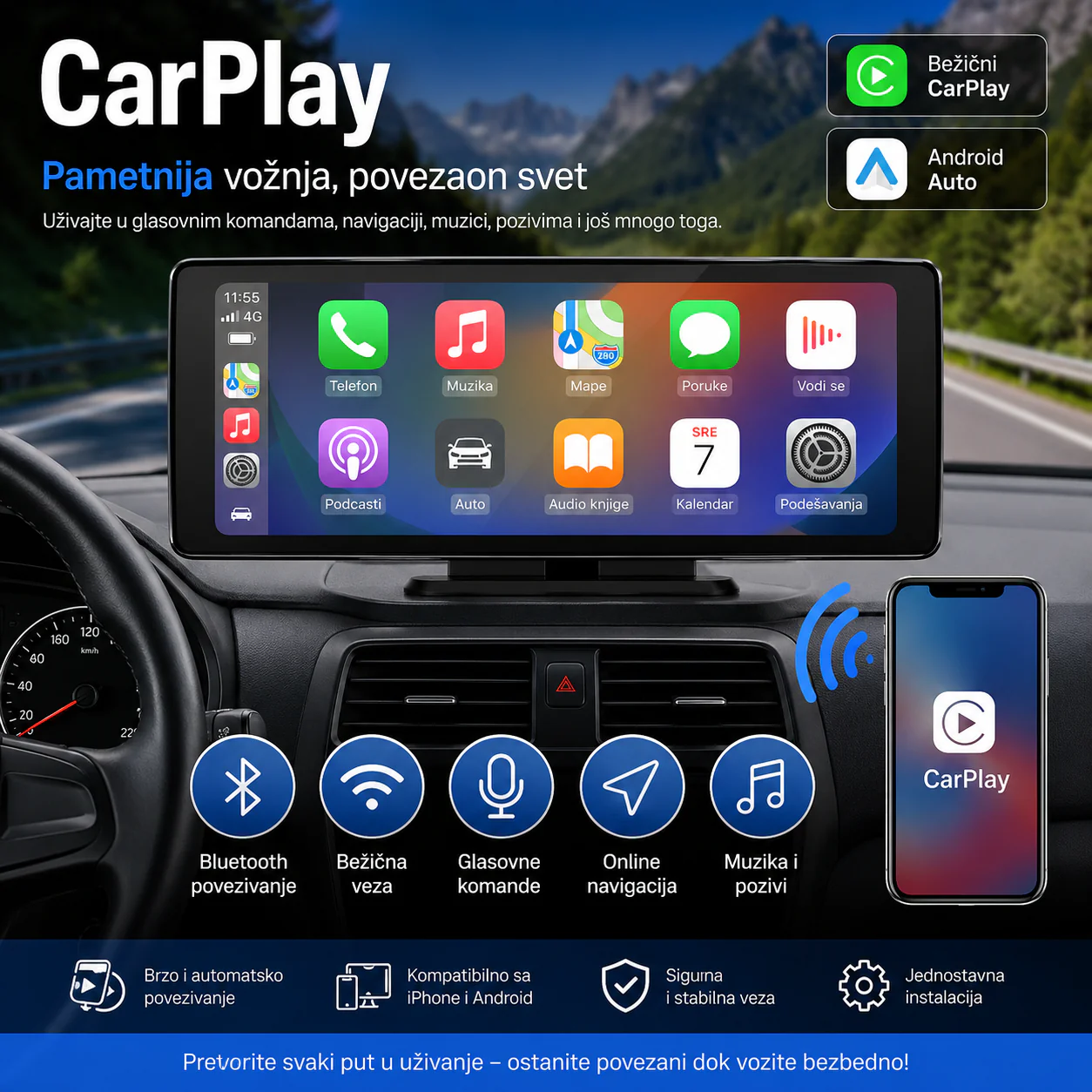 Prenosivi CarPlay ekran 10.26" sa Android Auto podrškom prenosivi CarPlay ekran - prednja strana