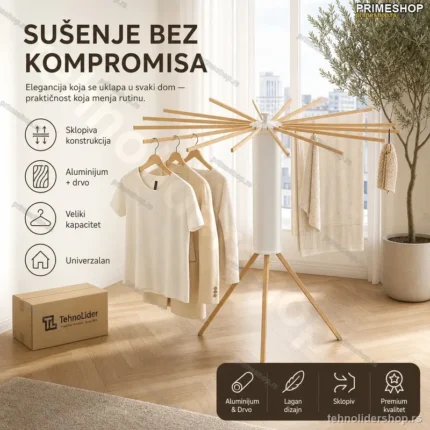 Prenosivi Sušač za Veš – Aluminijum i Drvo, Elegantan Dizajn