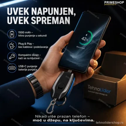 Privezak Punjač za Telefon – Mini Prenosna Baterija Android (1500 mAh)
