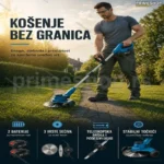 Profesionalni aku trimer za travu sa točkićima i 2 baterije – 3 vrste sečiva