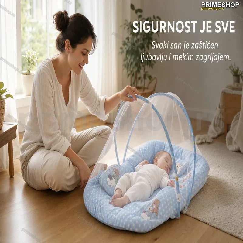 Bebi prostirka sa mrežom protiv komaraca — plava i roze prostirka za bebe - prednja strana