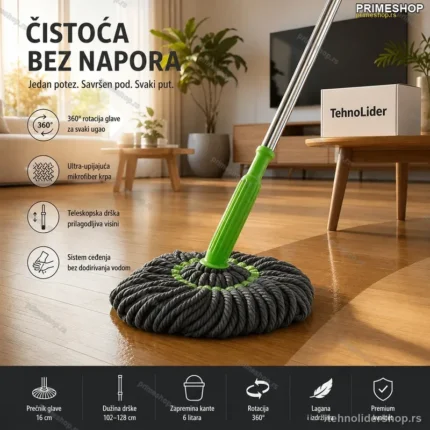 Rotirajući Mikrofiber Mop Set sa Kantom za Ceđenje – 360° Rotacija
