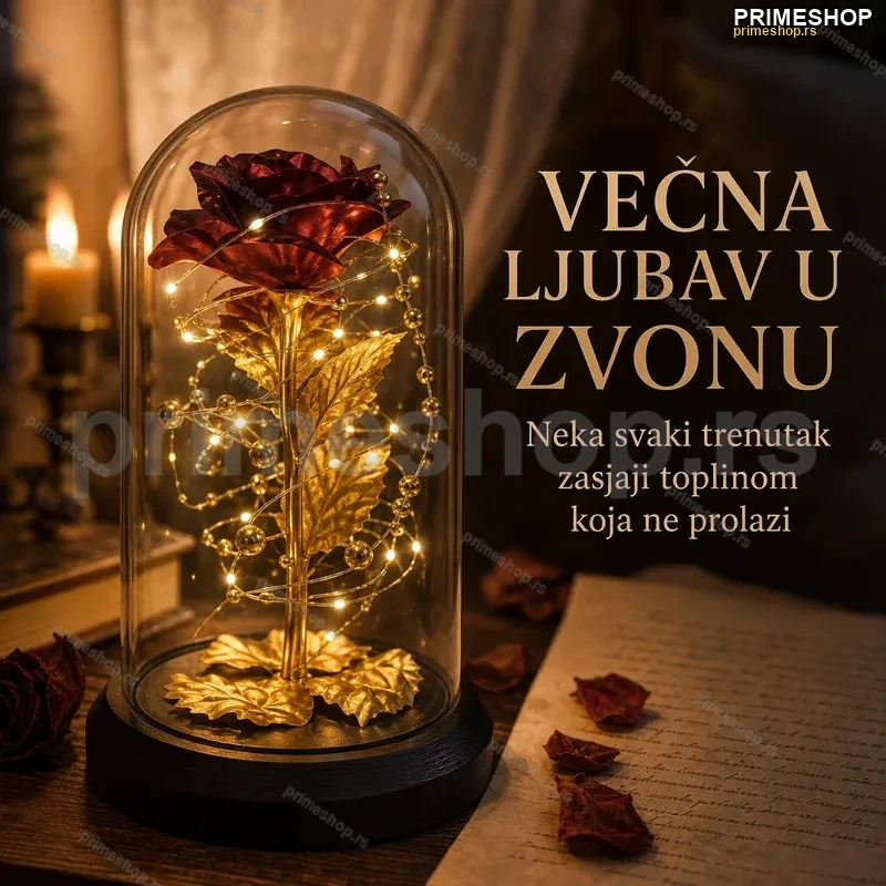 Ruža u staklenom zvonu sa LED svetlom — zlatna Ruža u staklenom zvonu sa LED svetlom — zlatna