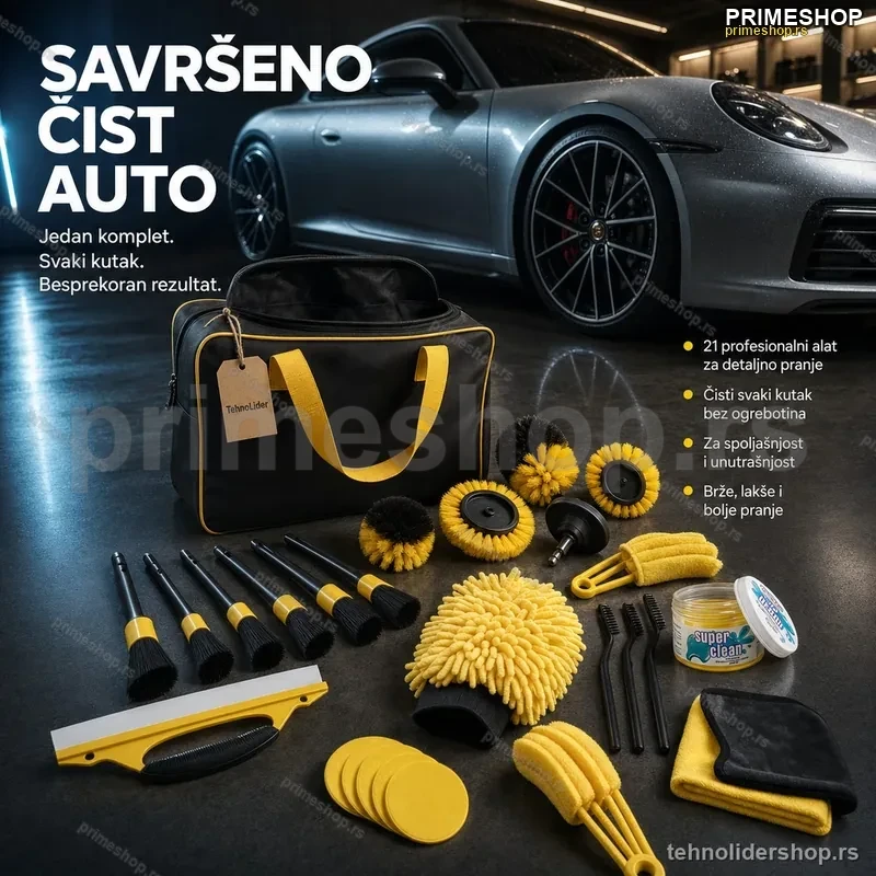 Set četki za pranje i detaljno čišćenje auta – 21 delova + torba Set četki za pranje i detaljno čišćenje auta – 21 delova + torba