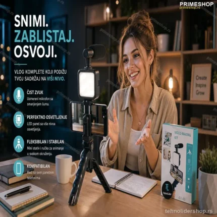 Set za Snimanje Videa sa Kardioidnim Mikrofonom, LED Svetlom i Stativom
