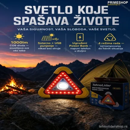 Sigurnosni LED Trougao – Solarno i USB Punjenje, 1000lm, Power Bank