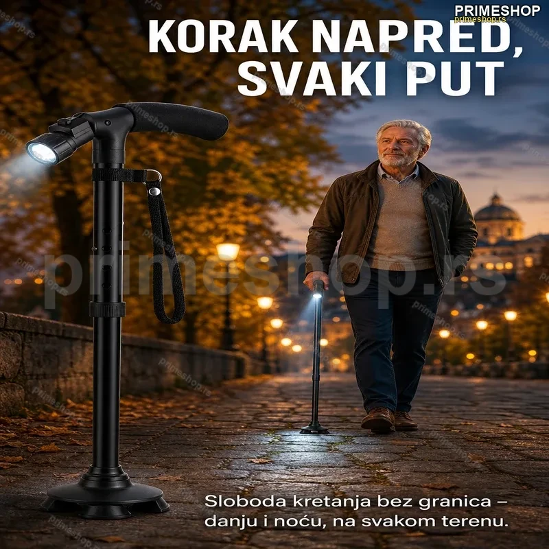 Sklopivi Štap za Hodanje sa LED Svetlom – Podesiva Visina za Sve Terene Sklopivi Štap za Hodanje sa LED Svetlom – Podesiva Visina za Sve Terene