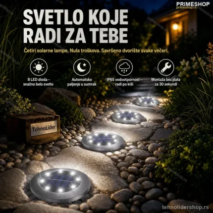 Solarne Disk Lampe Set 4 kom – 8 LED Dioda za Dvorište i Staze