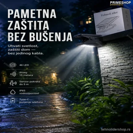 Solarni Reflektor Štipaljka – 46 LED, Senzor Pokreta i Type-C Punjenje