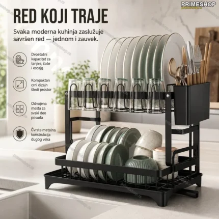 Stalak za sudove – Oceđivač za posuđe (kompaktan, crni dizajn)