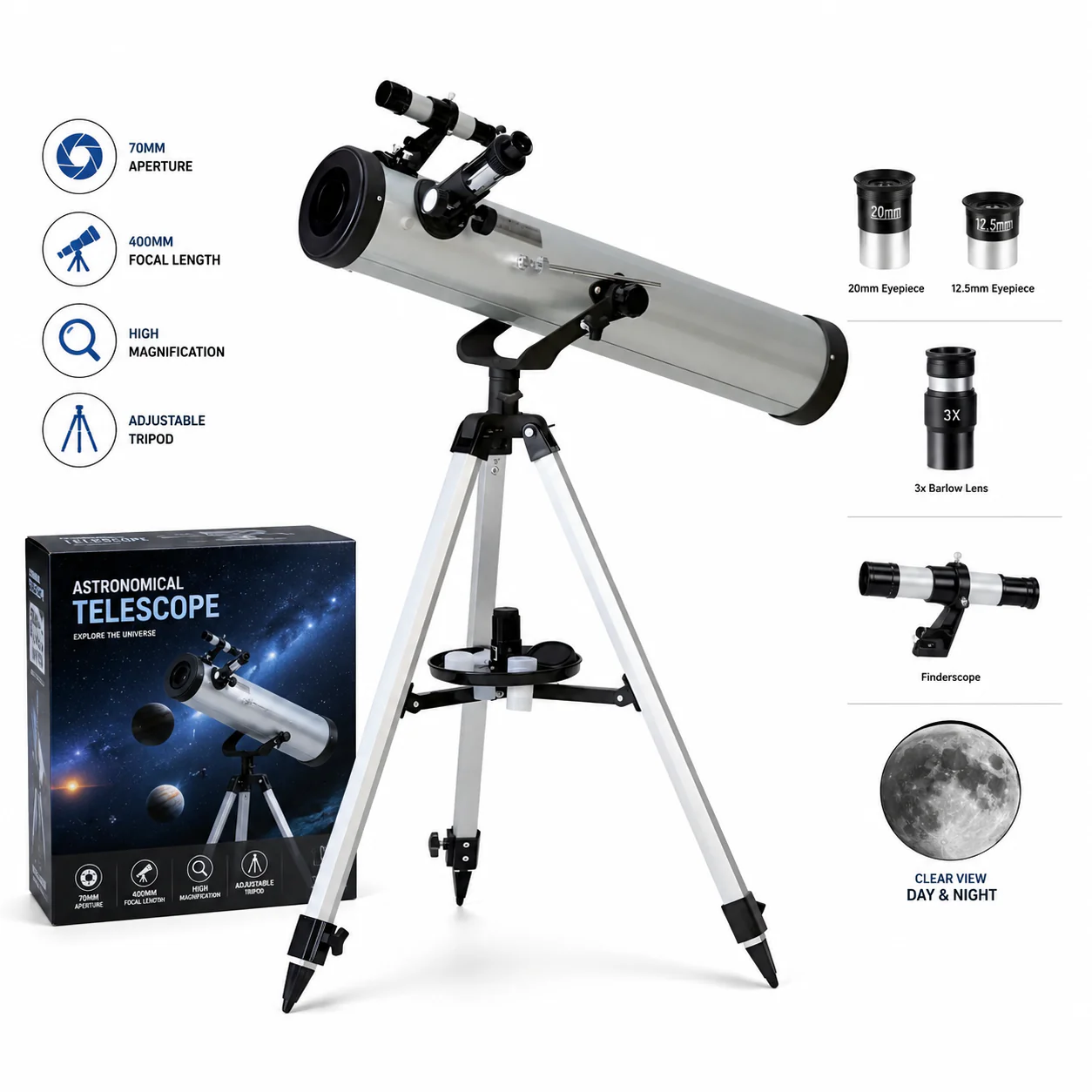 Teleskop za posmatranje zvezda i Meseca 76/700 sa stativom astronomski teleskop - prednja strana