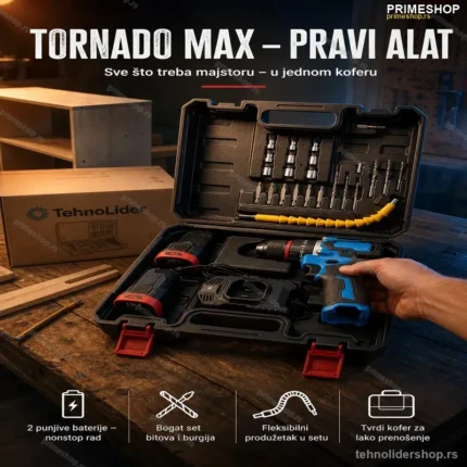 Tornado Max Aku Šrafilica Set u Koferu – Baterijski Odvijač za Dom i Majstore