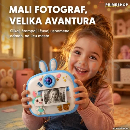 Plavi dečji fotoaparat sa štampačem i IPS ekranom — motiv zeke