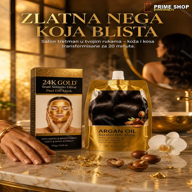 24K Gold Beauty Set – Zlatna Peel-Off Maska za Lice + Argan Keratin Maska za Kosu
