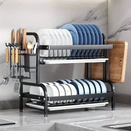 Dvospratna metalna cediljka za sudove 42 cm — crna