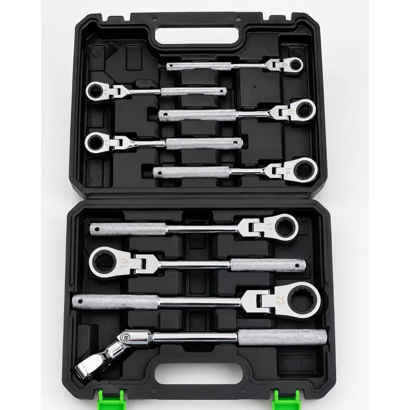 Okasti ključevi sa čegrtaljkom — set 9 komada, 8–24 mm okasti ključevi sa čegrtaljkom - prednja strana