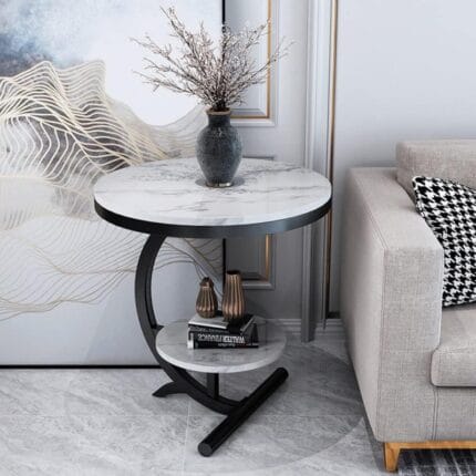 Okrugli pomoćni stočić sa dva nivoa — beli mermer 62×40×30 cm