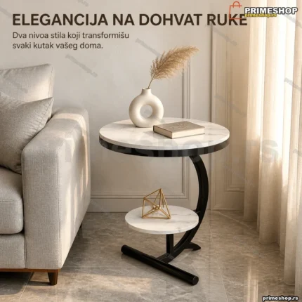Okrugli pomoćni stočić sa dva nivoa — beli mermer 62×40×30 cm