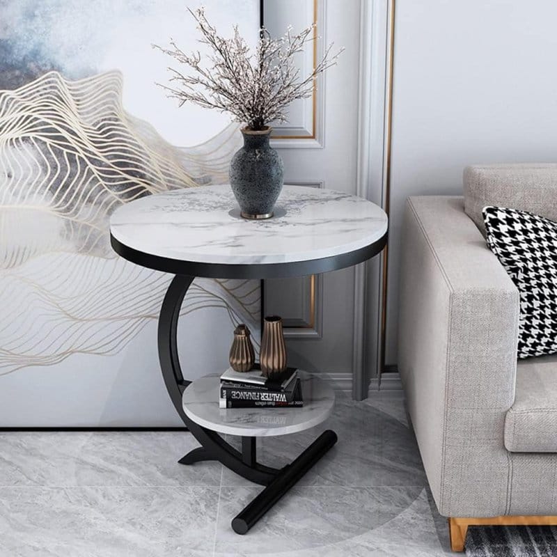 Okrugli pomoćni stočić sa dva nivoa — beli mermer 62×40×30 cm beli dvostruki stočić - prednja strana