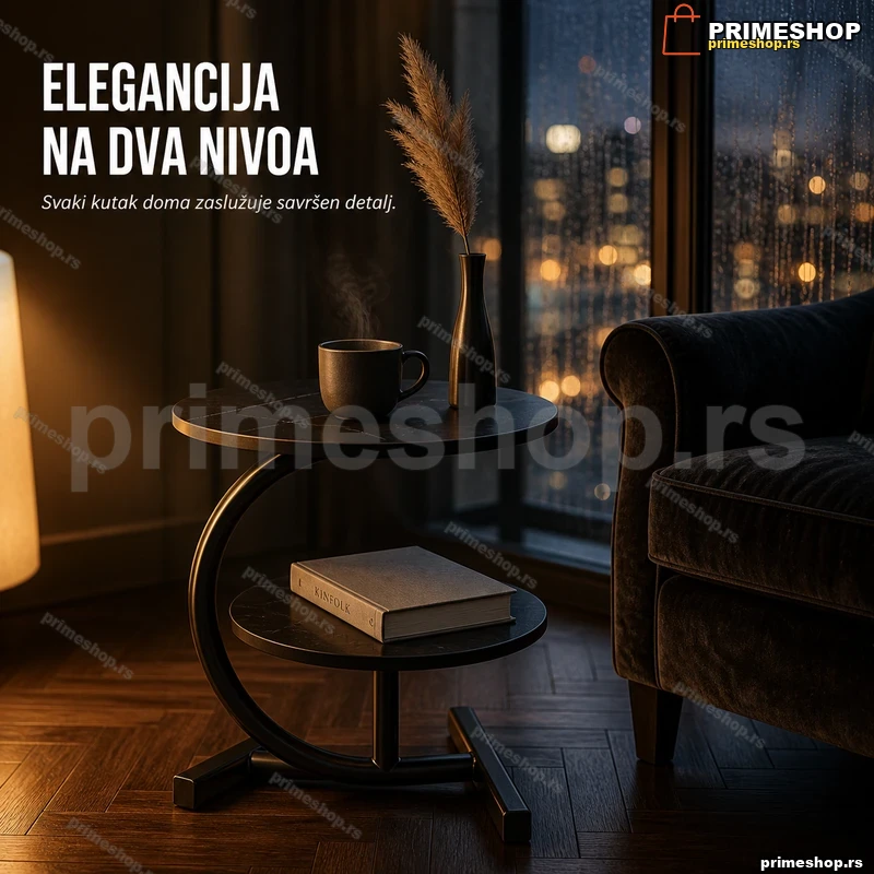Okrugli pomoćni stočić sa dva nivoa — crni mermer 62×40×30 cm Okrugli pomoćni stočić sa dva nivoa — crni mermer 62×40×30 cm