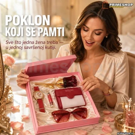 Ženski poklon set 3u1 — sat, parfem ruža, novčanik i naočare