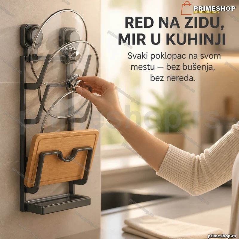Zidni metalni držač za poklopce šerpi i daske za sečenje kuhinjski držač za poklopce - prednja strana
