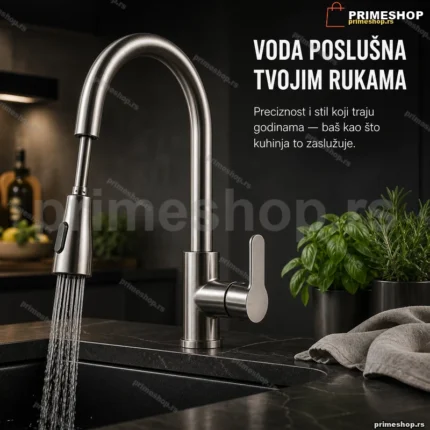 Jednoručna kuhinjska inox slavina sa izvlacivom tus glavom i 2 mlaza