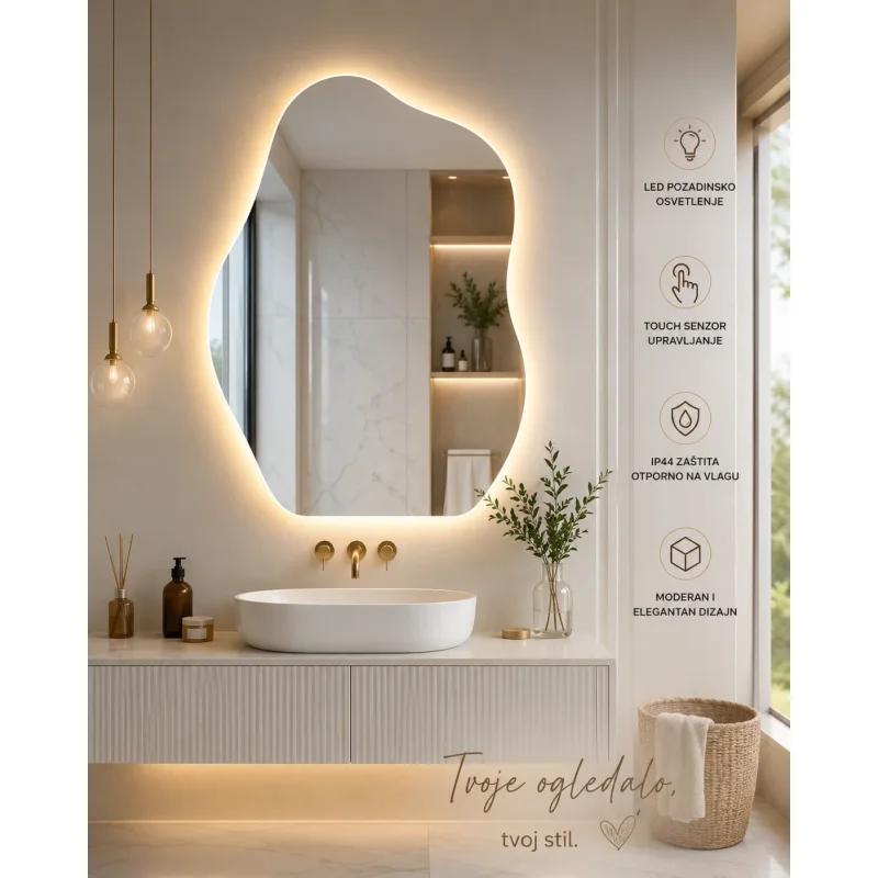 Aura LED ogledalo asimetričnog oblika 52×72 cm sa pozadinskim osvetljenjem LED ogledalo Aura 52x72 - prednja strana