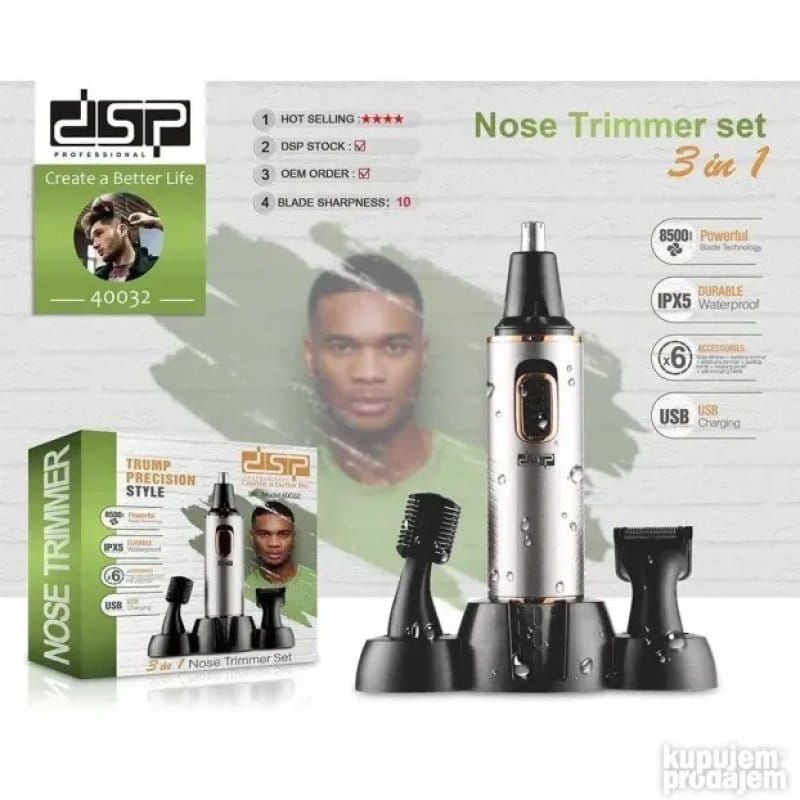 DSP 40032 trimer set 3u1 — nastavci za nos, uši i zulufe trimer set 3u1 - u upotrebi