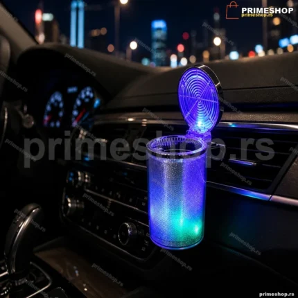Pepeljara za auto sa LED svetlom, poklopcem i uklonjivim metalni uloškom