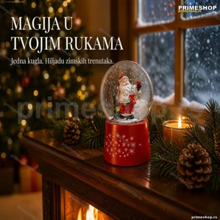 Snežna kugla sa Deda Mrazom, muzička, crvena osnova 21 cm